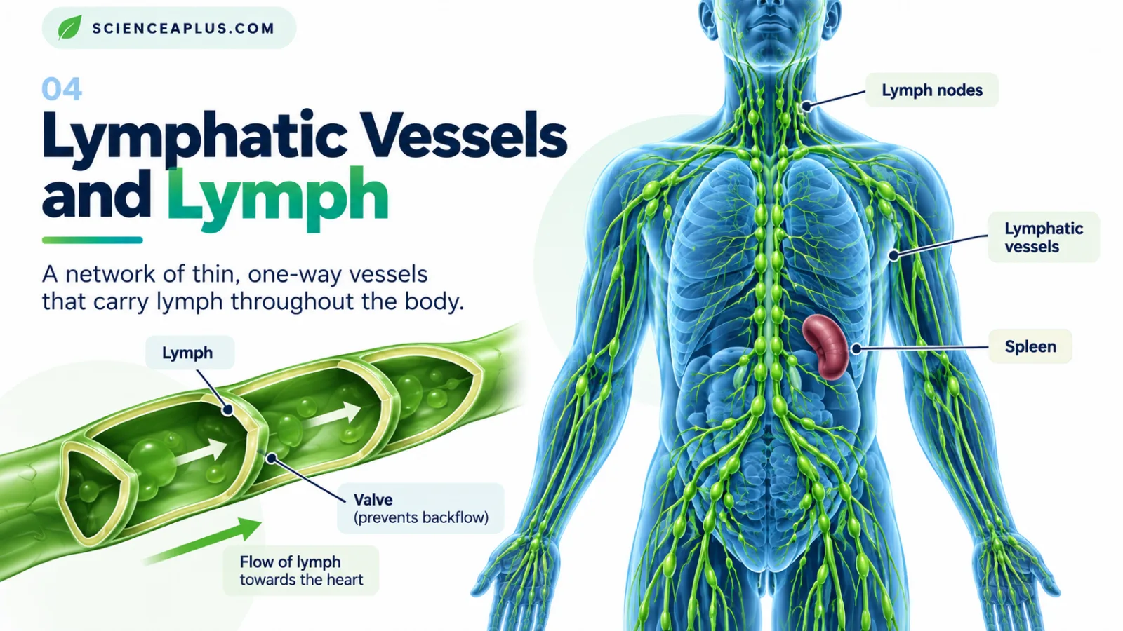 Lymphatic vessels and lymph diagram showing one-way valves preventing backflow and lymph flowing towards the heart, with lymph nodes and the spleen