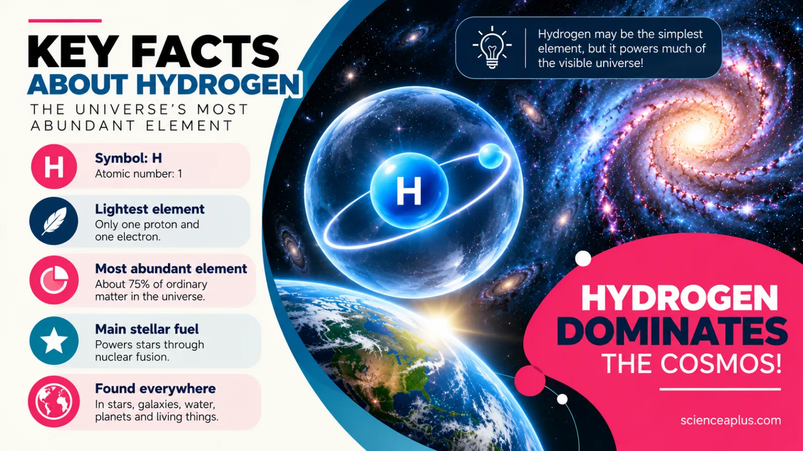 Key facts about hydrogen, the universe’s most abundant element: symbol H, atomic number 1, lightest element with one proton and one electron, about 75% of ordinary matter, main stellar fuel, found in stars, galaxies, water, planets and living things