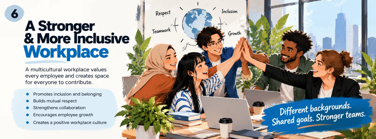Illustrated infographic panel 6, A Stronger and More Inclusive Workplace: promotes inclusion and belonging, builds mutual respect, strengthens collaboration, encourages employee growth, creates a positive workplace culture