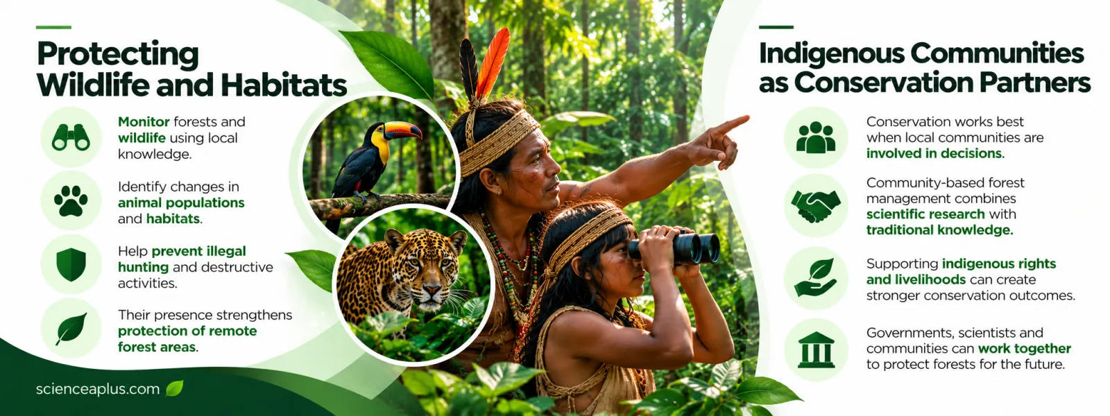 Infographic: protecting wildlife and habitats by monitoring forests with local knowledge, and Indigenous communities as conservation partners working with governments and scientists