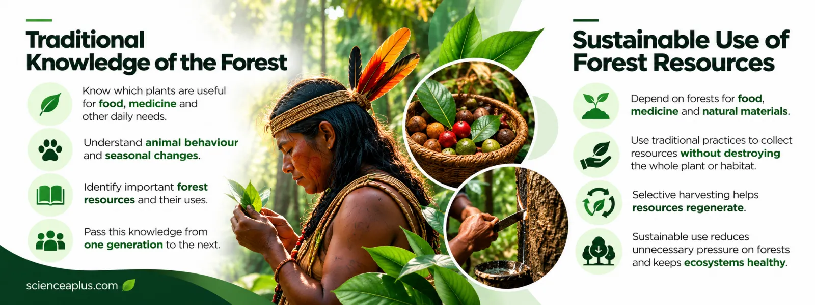 Infographic: traditional knowledge of the forest (useful plants, animal behaviour, seasonal change, passing knowledge on) and sustainable use of forest resources (selective harvesting helps resources regenerate)