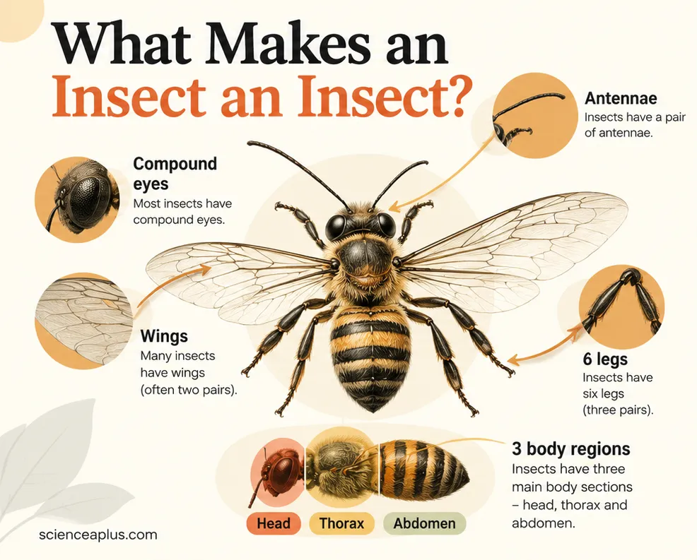 Labelled diagram of a bee showing compound eyes, antennae, wings, six legs and the three body regions: head, thorax and abdomen