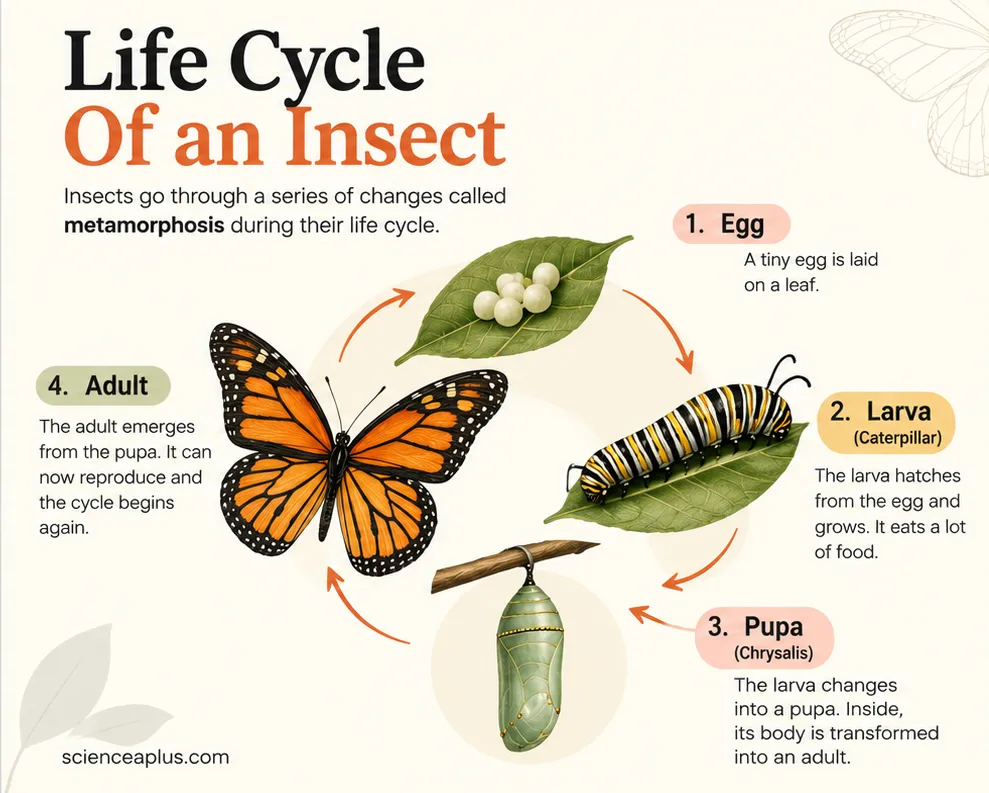 Life cycle of a butterfly: egg on a leaf, larva (caterpillar), pupa (chrysalis) and adult, shown as a circle of four stages