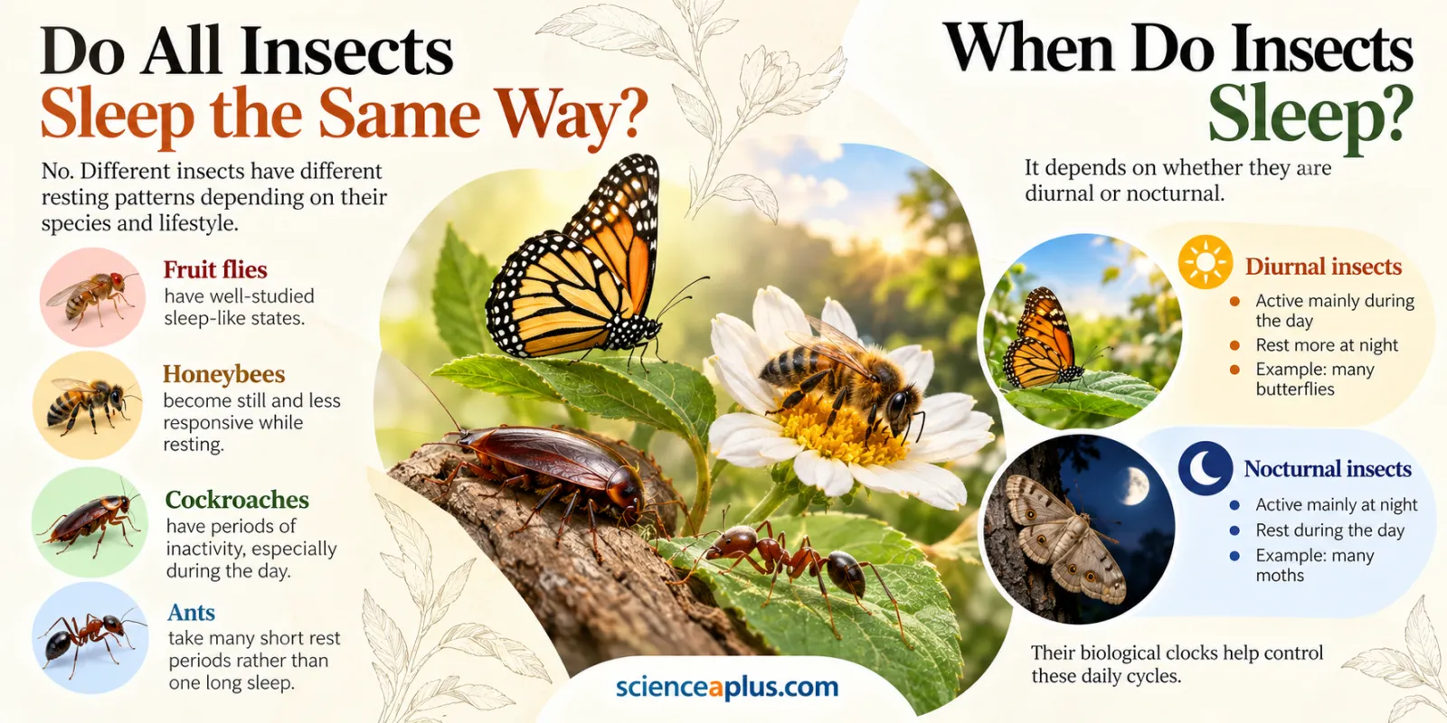 Infographic: insects do not all sleep the same way, comparing fruit flies, honeybees, cockroaches and ants, and day-active butterflies with night-active moths