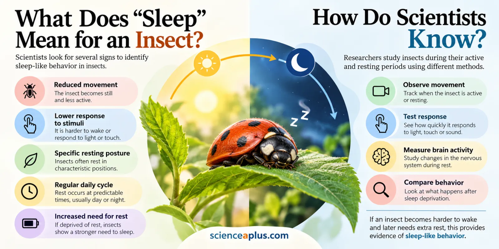 Infographic: signs of insect sleep such as reduced movement, lower response to stimuli, resting posture, a regular daily cycle and a stronger need for rest, and how scientists test them