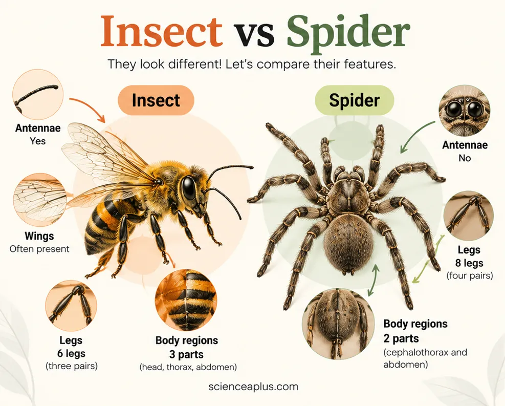 Comparison of a bee and a spider: the insect has antennae, wings, six legs and three body regions; the spider has no antennae, eight legs and two body regions
