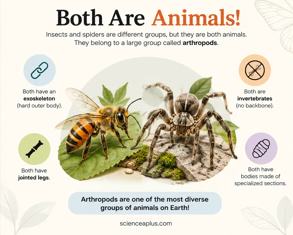 Infographic showing a bee and a spider side by side: both are arthropods with an exoskeleton, jointed legs, no backbone and bodies made of sections