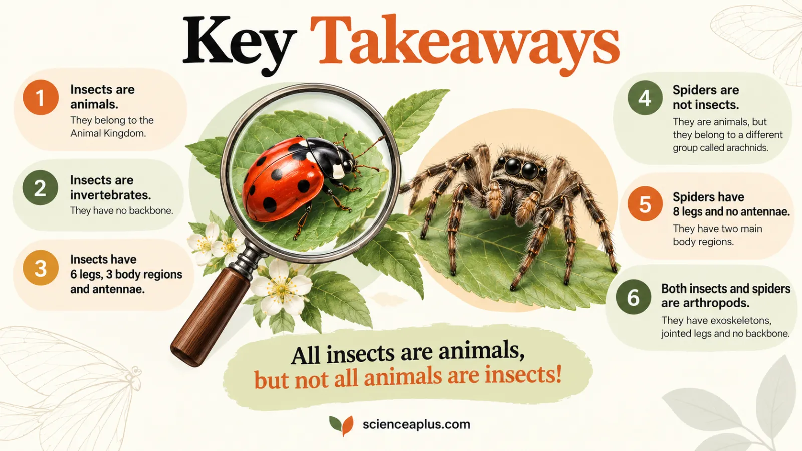 Key takeaways infographic: insects are animals and invertebrates with 6 legs, 3 body regions and antennae; spiders are arachnids with 8 legs and no antennae; both are arthropods