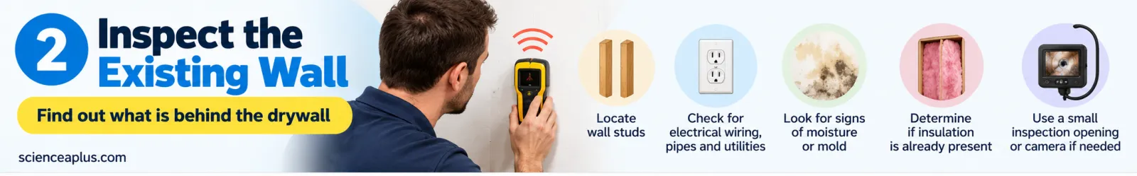 Step 2, inspect the existing wall: locate studs, check wiring and pipes, look for moisture or mould, check whether insulation is already present, use an inspection camera if needed