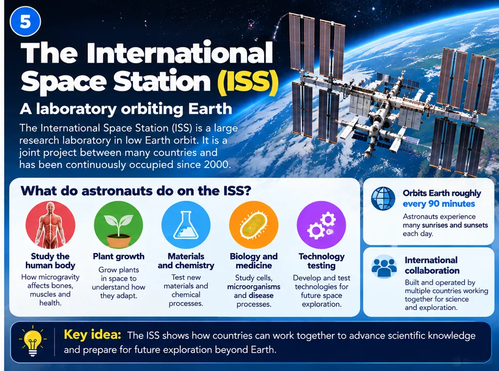 International Space Station facts: a laboratory orbiting Earth, continuously occupied since 2000, orbiting Earth about every 90 minutes