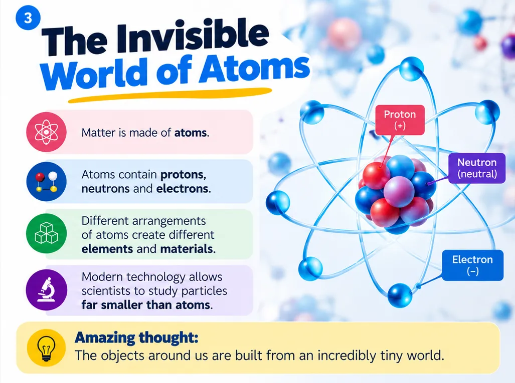 The invisible world of atoms: matter is made of atoms containing protons, neutrons and electrons; different arrangements of atoms make different elements and materials
