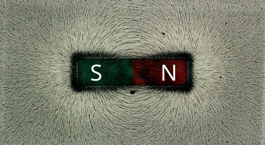 Iron filings on paper forming curved lines around a single bar magnet labelled S and N