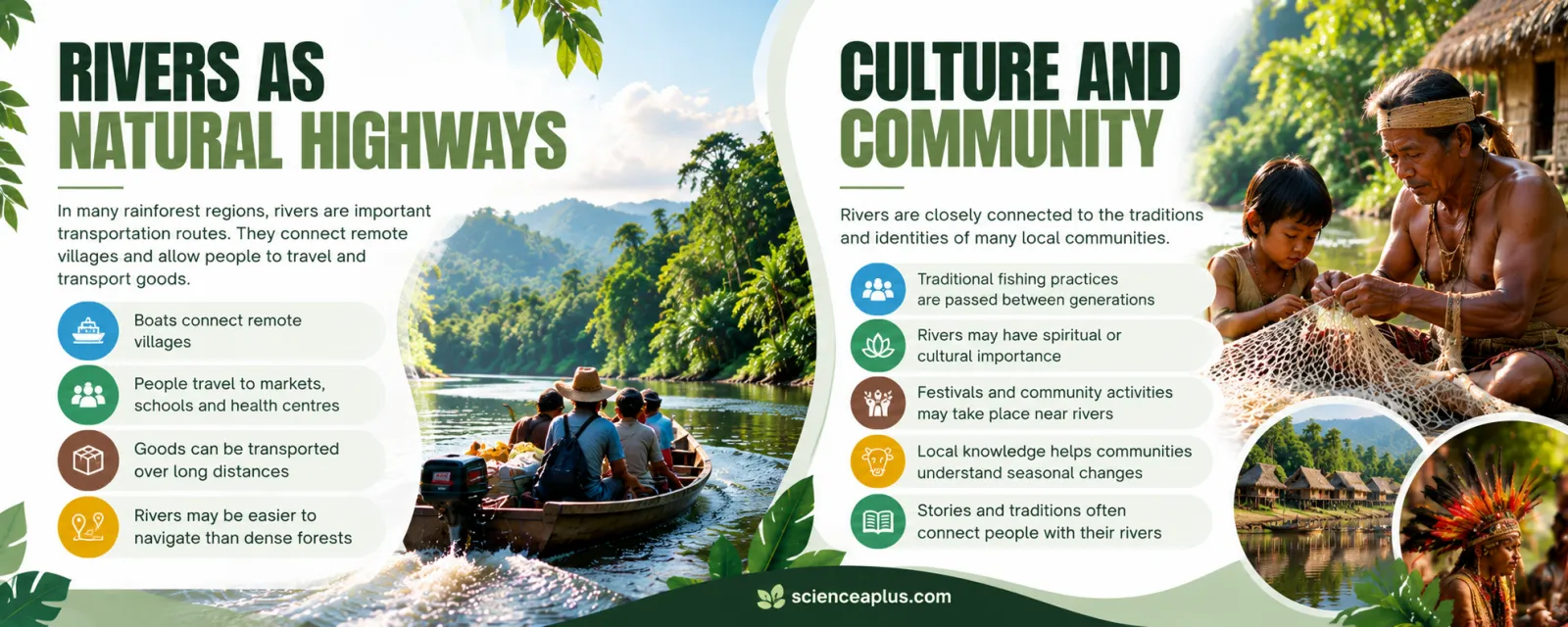 Infographic: rivers as natural highways connecting villages, markets and schools, and rivers as part of culture, traditions and community life