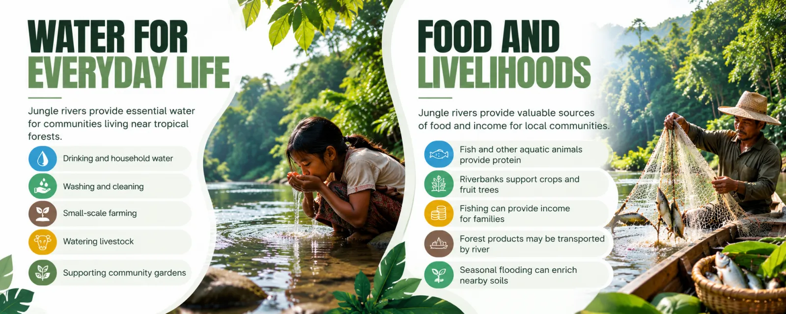 Infographic: jungle rivers provide drinking water, washing, small-scale farming, water for livestock, fish for protein, income and fertile soils from seasonal flooding