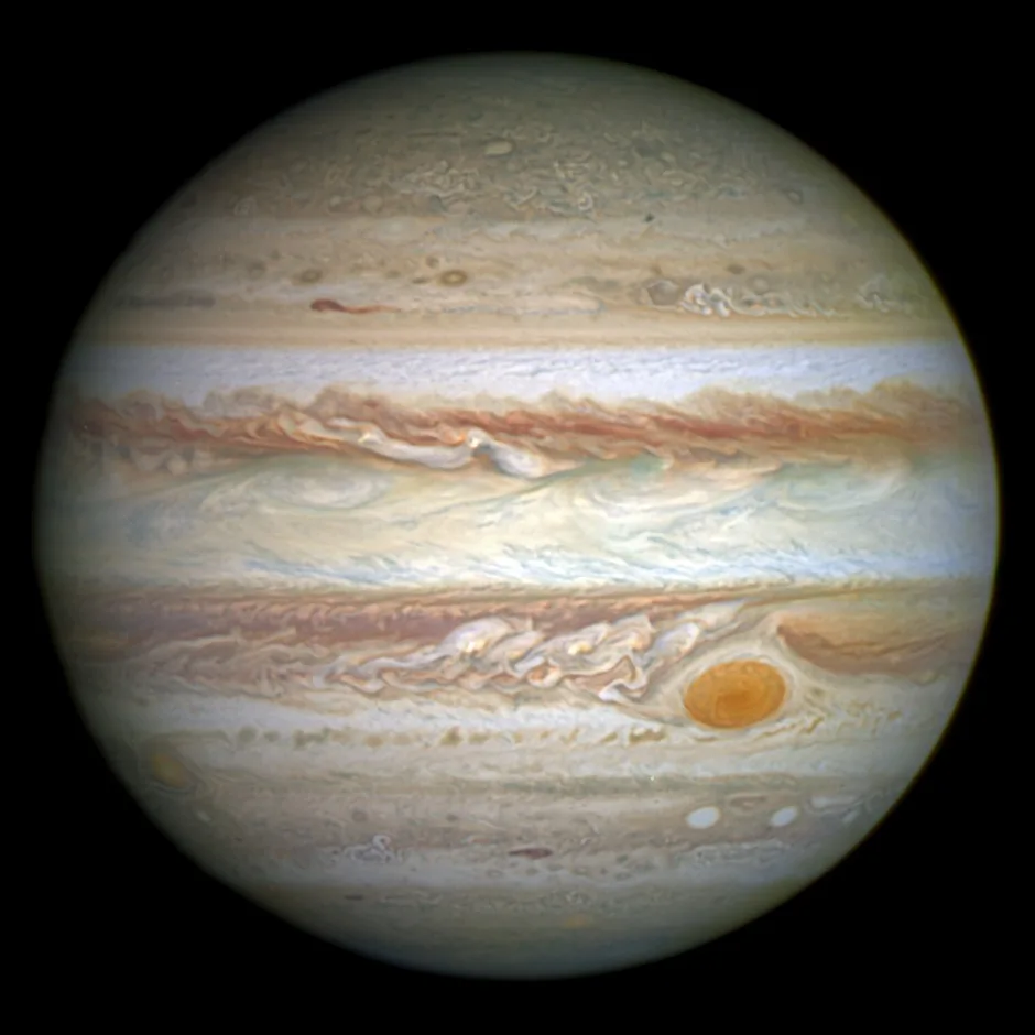 Jupiter with its cloud bands and Great Red Spot, photographed by the Hubble Space Telescope