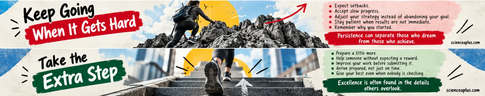 Two-panel banner: Keep going when it gets hard, with advice to expect setbacks and adjust your strategy, and Take the extra step, with a person climbing stairs