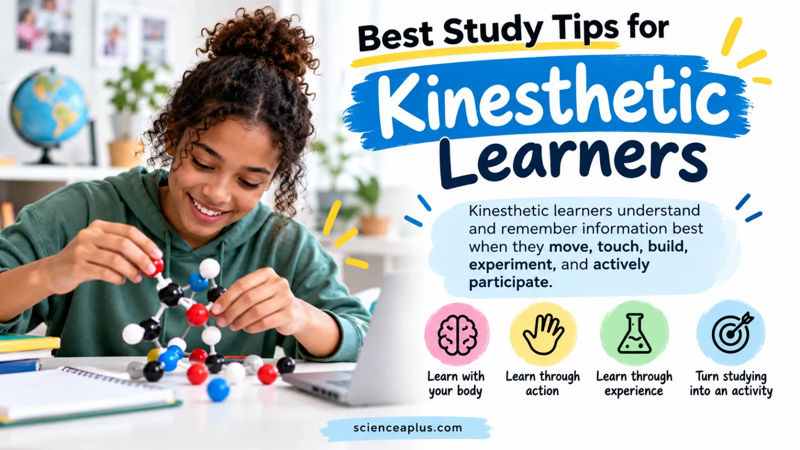 Study tips card for kinesthetic learners showing a student building a molecule model with the words move, touch, build, experiment and participate