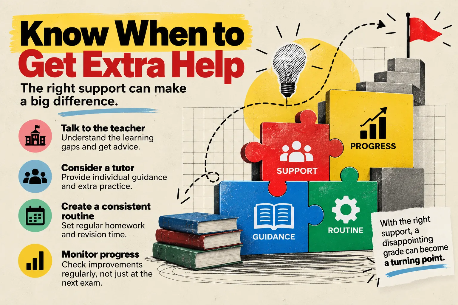 Infographic: Know when to get extra help. Talk to the teacher to understand learning gaps and get advice; consider a tutor for individual guidance and extra practice; create a consistent routine with regular homework and revision time; monitor progress regularly, not just at the next exam