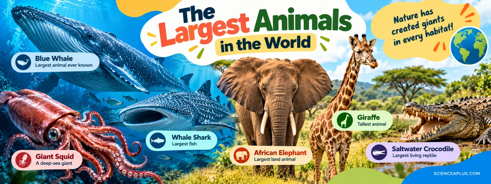 The largest animals in the world: blue whale, whale shark, giant squid, African elephant, giraffe and saltwater crocodile
