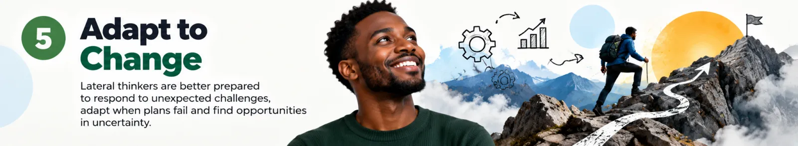 Infographic panel: Adapt to change. The panel suggests lateral thinkers respond better to unexpected challenges and find opportunities in uncertainty