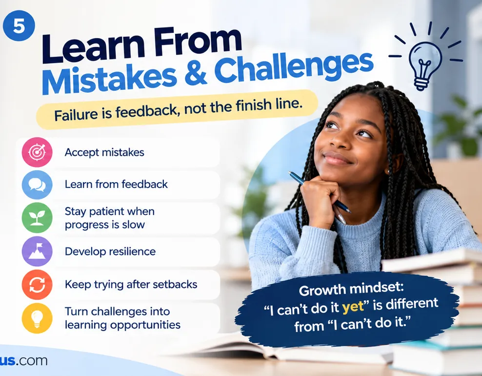 Infographic: learn from mistakes and challenges by accepting mistakes, learning from feedback, building resilience and turning challenges into learning opportunities