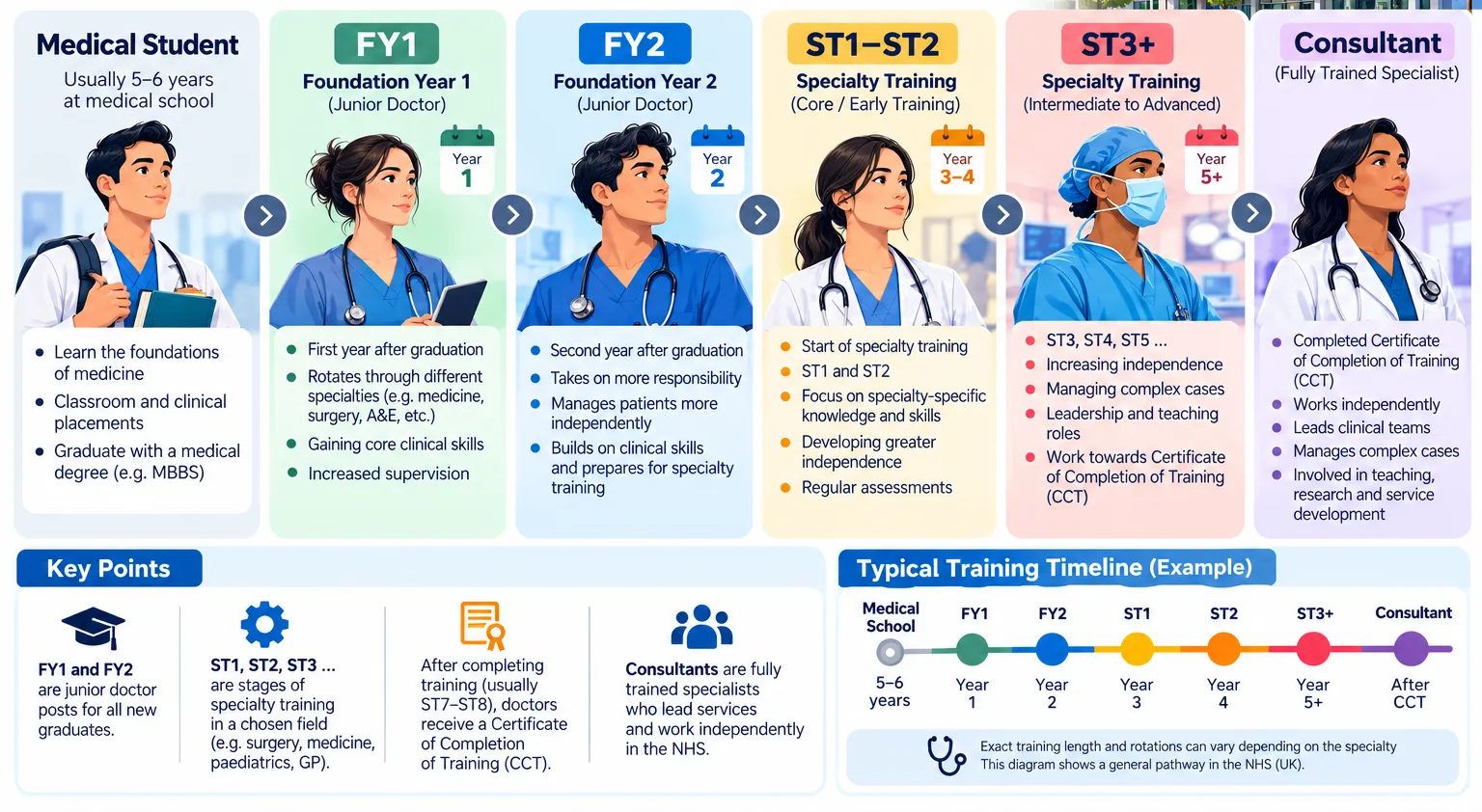 Levels of doctors in the NHS: medical student (usually 5–6 years), FY1 and FY2 foundation years, ST1–ST2 core or early specialty training, ST3+ higher specialty training towards a Certificate of Completion of Training, then consultant