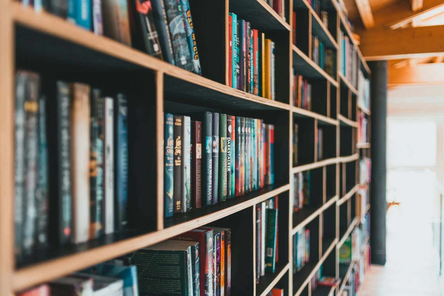 Tall library bookshelves full of books