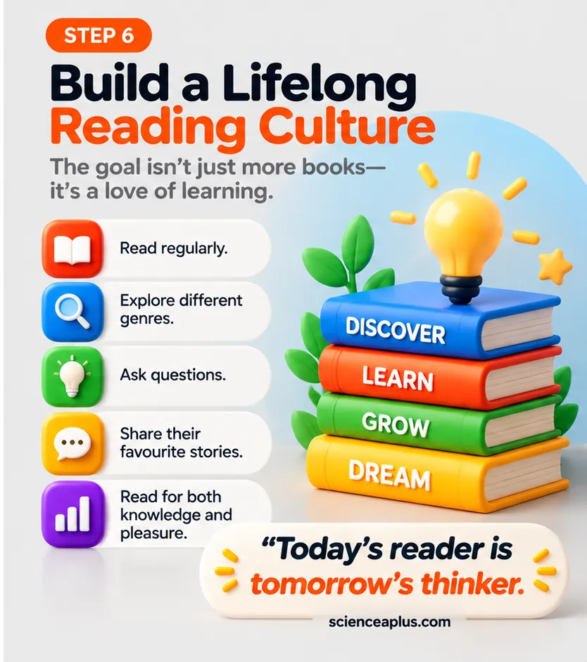 Tip 9 infographic: build a lifelong reading culture by reading regularly, exploring genres, asking questions, sharing favourite stories and reading for knowledge and pleasure