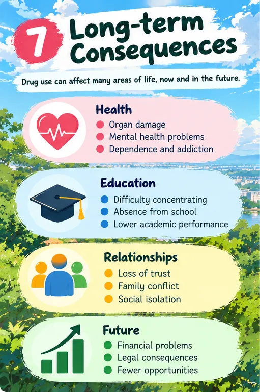 Long-term consequences of drug use for health, education, relationships and the future