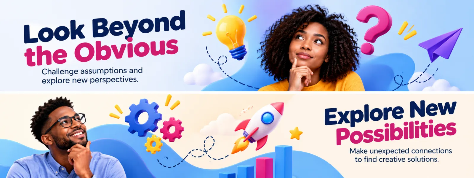 Two banners showing a woman and a man thinking with a light bulb, question mark, gears and a rocket, with the text look beyond the obvious and explore new possibilities