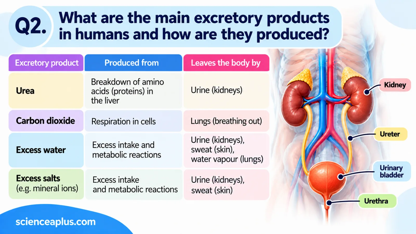 Table of the main excretory products in humans: urea from amino acids in the liver, carbon dioxide from respiration, excess water and salts, and how each leaves the body