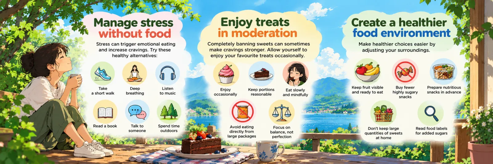 Manage stress without food (walk, deep breathing, music, reading, talking, time outdoors); enjoy treats in moderation; create a healthier food environment by keeping fruit visible, buying fewer sugary snacks and reading labels