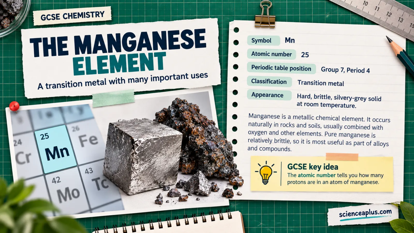 Manganese element card: symbol Mn, atomic number 25, Group 7 Period 4 transition metal, hard brittle silvery-grey solid