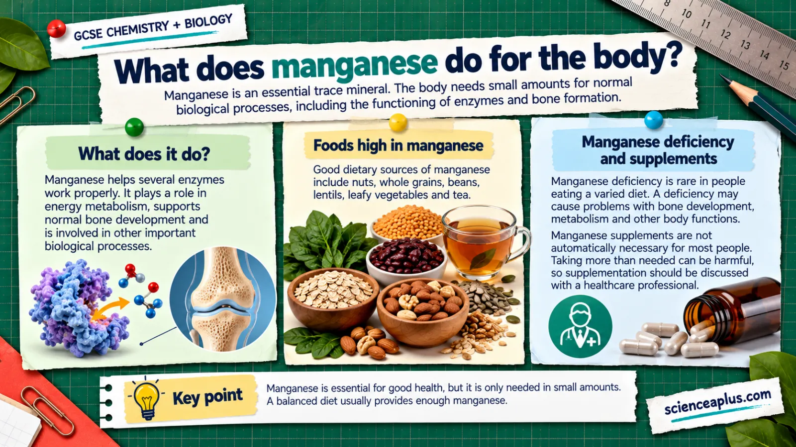 Infographic: what manganese does in the body, foods high in manganese such as nuts, wholegrains, beans and tea, and advice on supplements