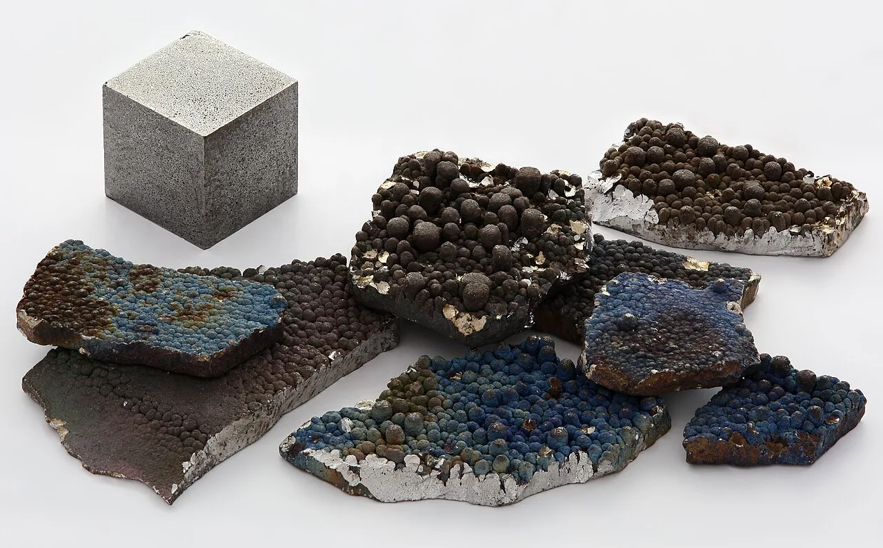 Pieces of electrolytic manganese metal with an iridescent oxide film next to a 1 cm cube of manganese