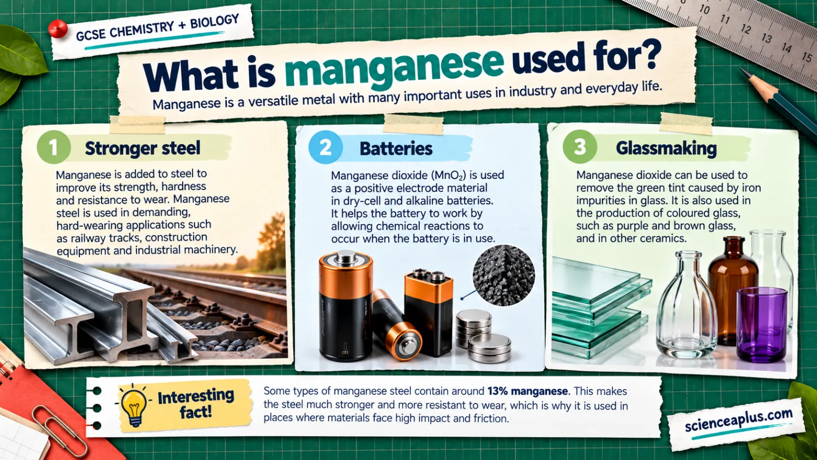 Infographic of manganese uses: stronger steel, manganese dioxide in batteries, and glassmaking