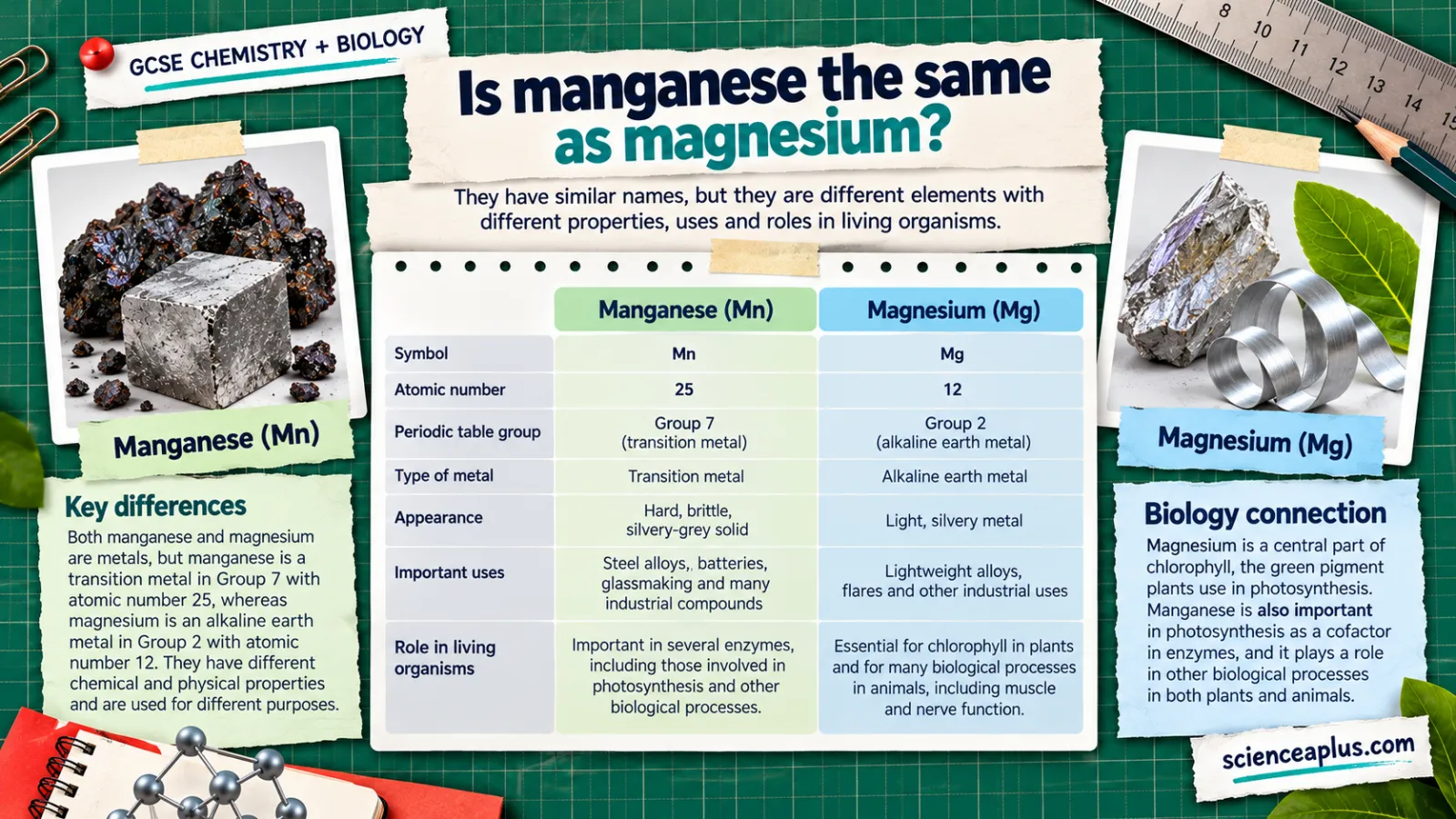 Comparison table of manganese (Mn, 25, Group 7 transition metal) and magnesium (Mg, 12, Group 2 alkaline earth metal)