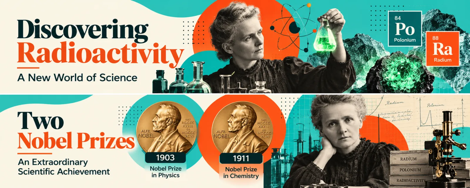 Discovering radioactivity: polonium (84) and radium (88); two Nobel Prizes, physics in 1903 and chemistry in 1911