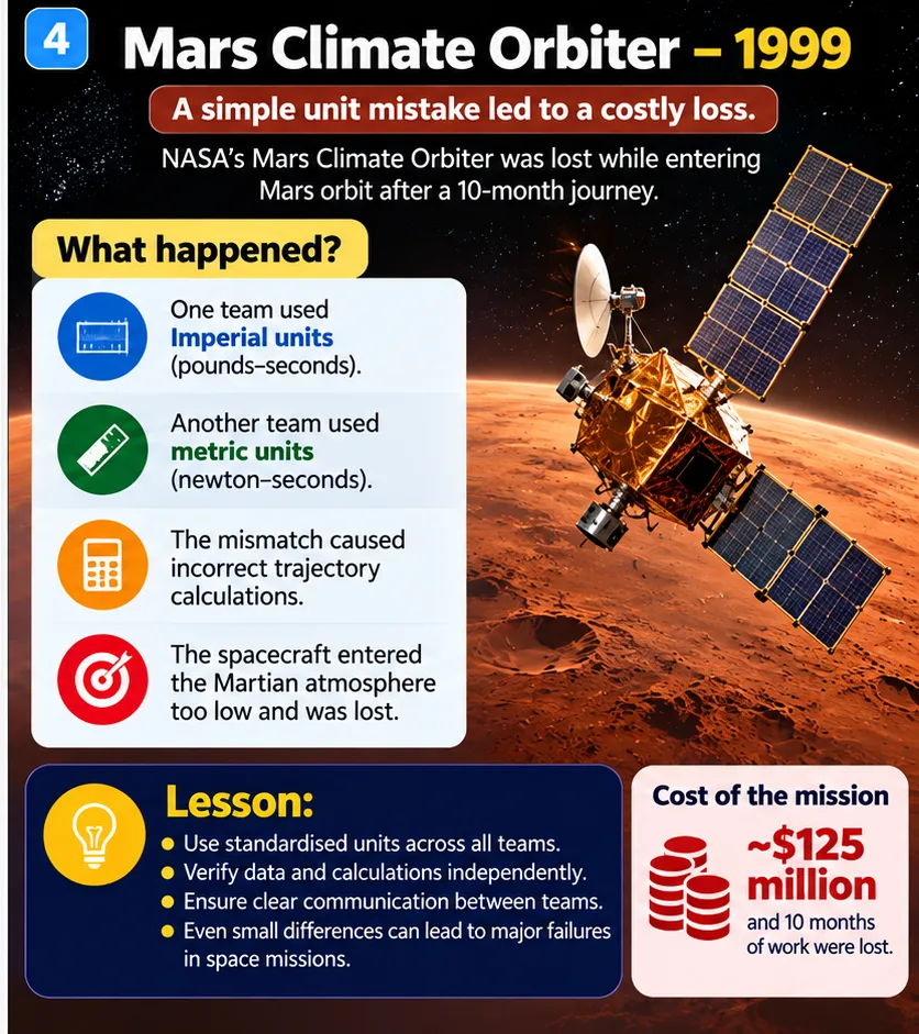 Mars Climate Orbiter in 1999: one team used imperial units (pound-force seconds) and another metric units (newton seconds), so the spacecraft entered Mars’s atmosphere too low