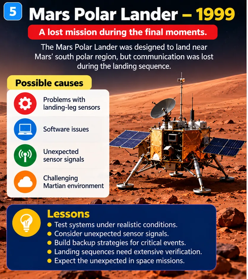 Mars Polar Lander in 1999: lost during the final landing sequence; possible causes include landing-leg sensor signals and software
