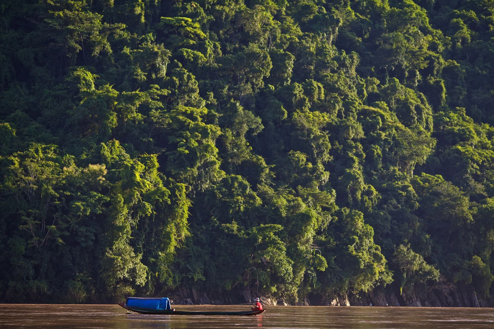 A small boat on the Mekong River beside a steep bank of dense green forest