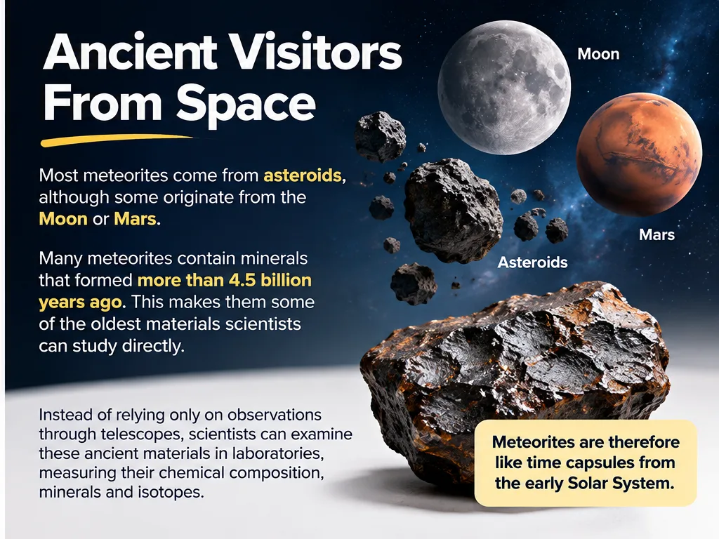 Ancient visitors from space: most meteorites come from asteroids, some from the Moon or Mars, and many contain minerals over 4.5 billion years old