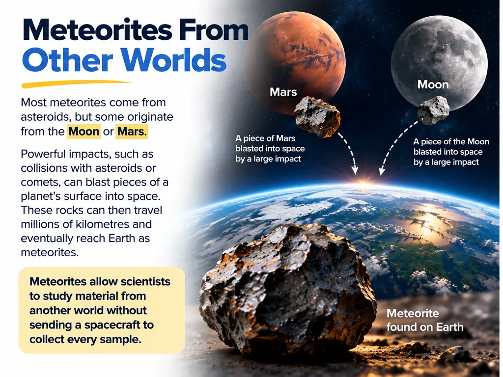 Meteorites from other worlds: powerful impacts blasted pieces of Mars and the Moon into space and some reached Earth