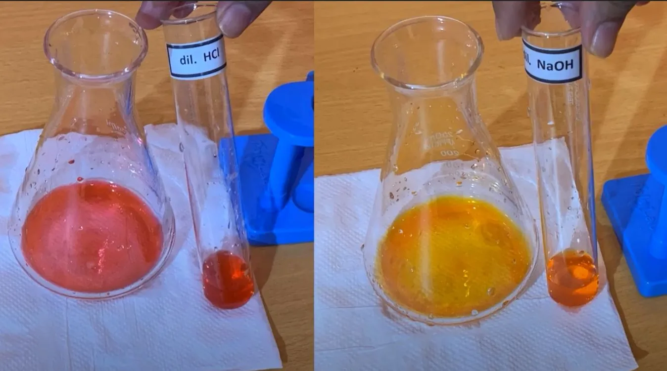 Methyl orange indicator red in dilute hydrochloric acid and yellow in dilute sodium hydroxide in conical flasks
