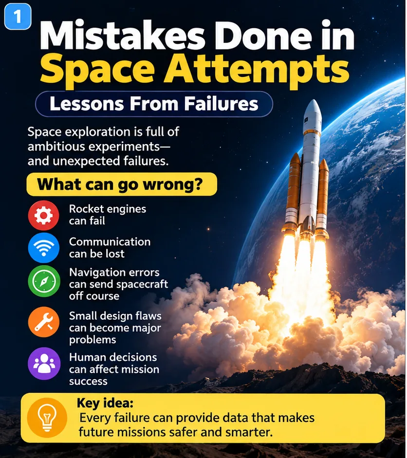 Mistakes in space attempts: rocket engines can fail, communication can be lost, navigation errors, small design flaws and human decisions can all affect mission success