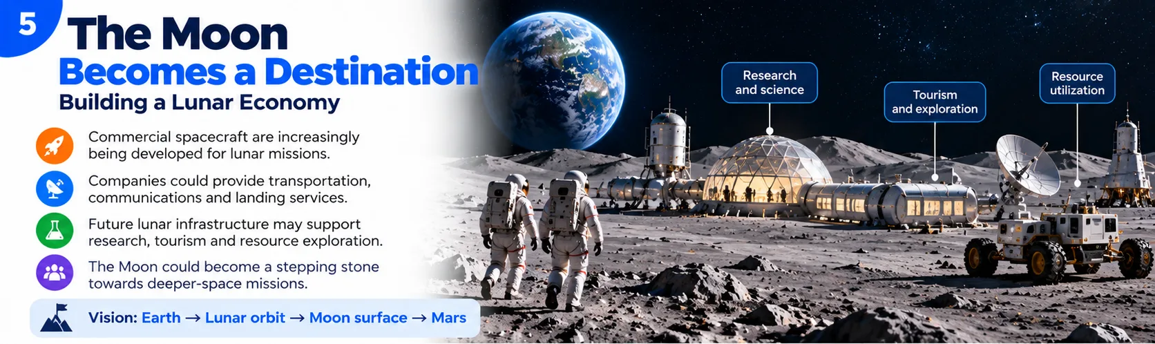 The Moon becomes a destination: commercial spacecraft, lunar transportation and future research, tourism and resource use