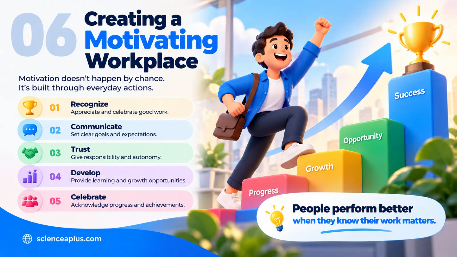 Infographic: Creating a Motivating Workplace in five steps: recognise, communicate, trust, develop and celebrate, with the message people perform better when they know their work matters