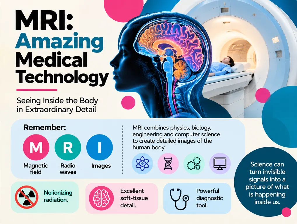 MRI, amazing medical technology: magnetic field, radio waves and images; no ionising radiation, excellent soft-tissue detail