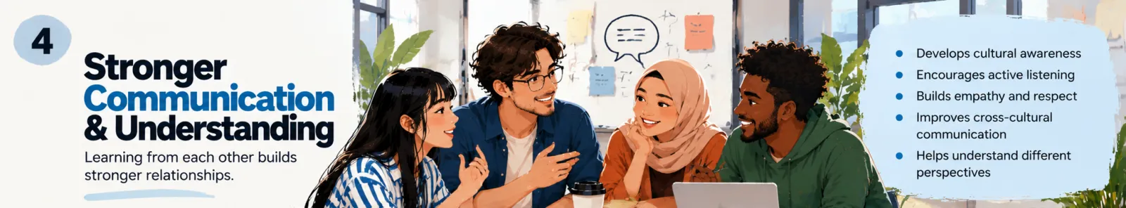 Illustrated infographic panel 4, Stronger Communication and Understanding: develops cultural awareness, encourages active listening, builds empathy and respect, improves cross-cultural communication