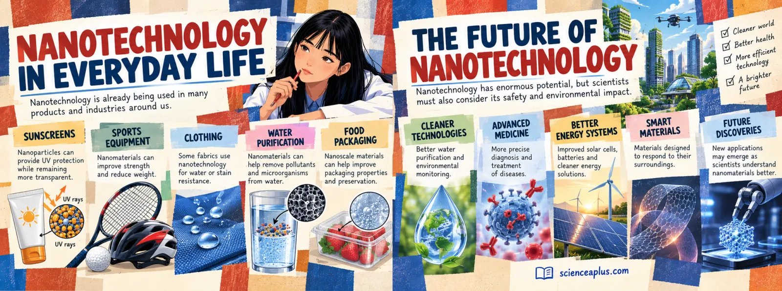 Infographic in two panels: nanotechnology in everyday life (sunscreens, sports equipment, clothing, water purification, food packaging) and the future of nanotechnology (cleaner technologies, advanced medicine, better energy systems, smart materials, future discoveries)